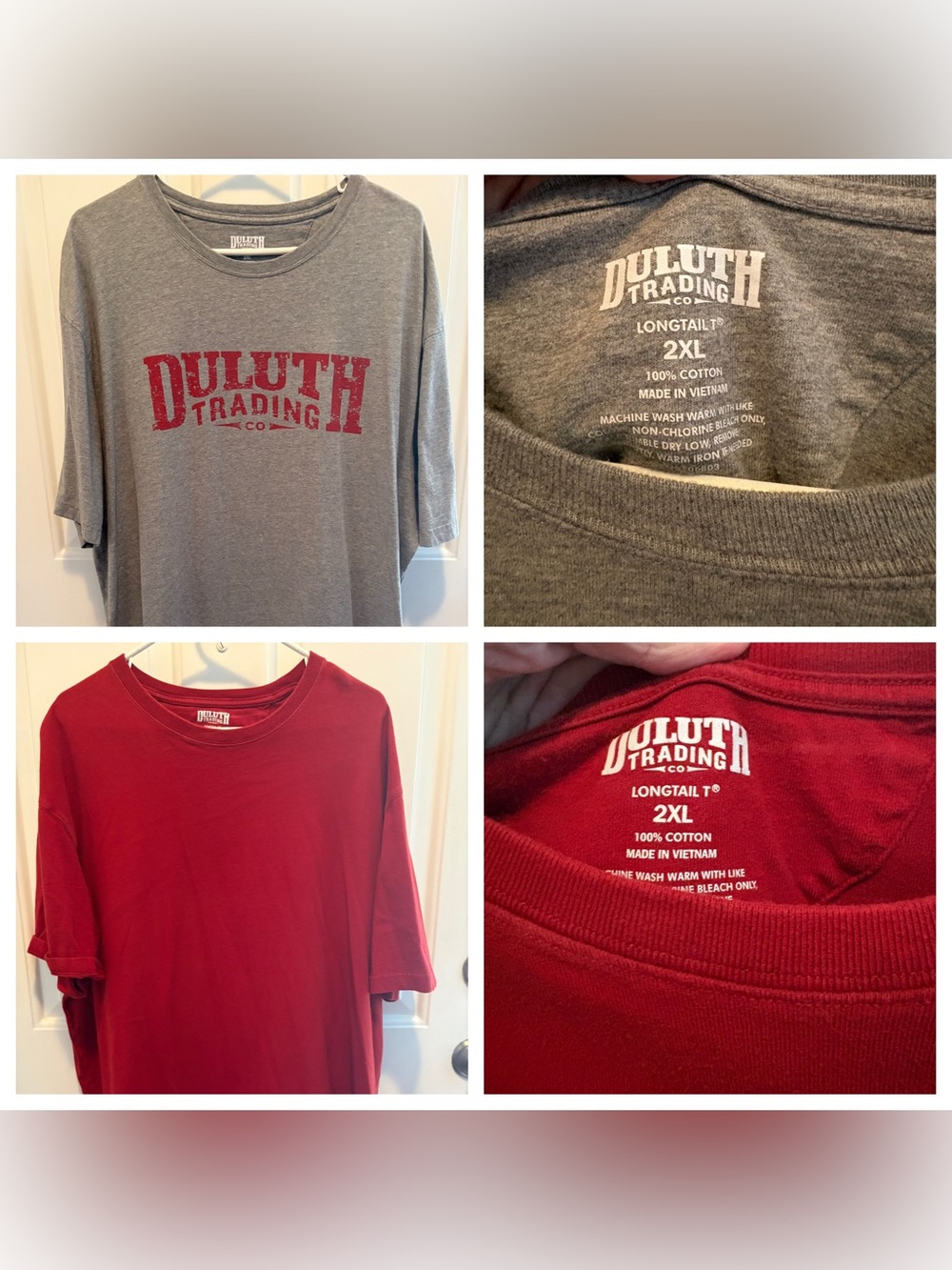 2 Duluth Trading Co Gray Crewneck Tees with White Logo Print and a solid one